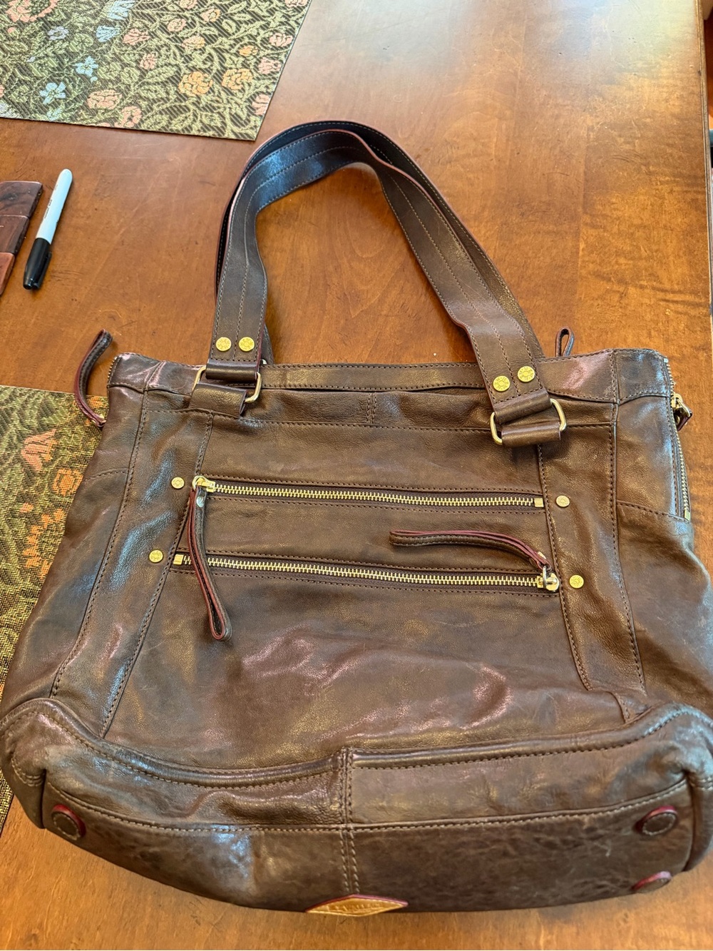 RARE MZ WALLACE Leather Tote Bag in Dark Brown with Satin Lining